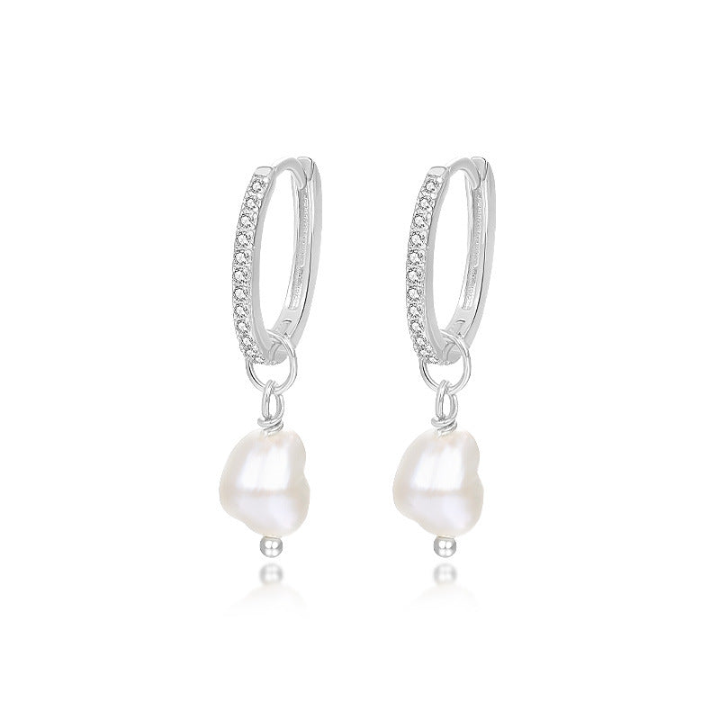 925 Sterling Silver Baroque Pearl Drop Hoop Earrings