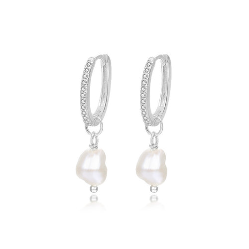 925 Sterling Silver Baroque Pearl Drop Hoop Earrings