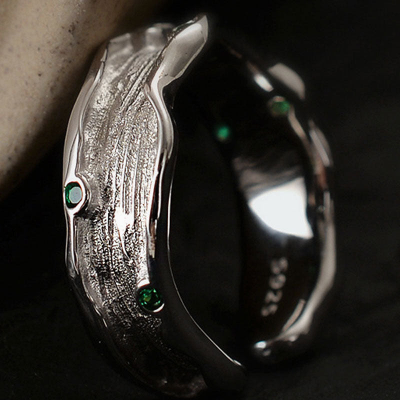 Sterling Silver Textured Wave Ring with Green Gemstones