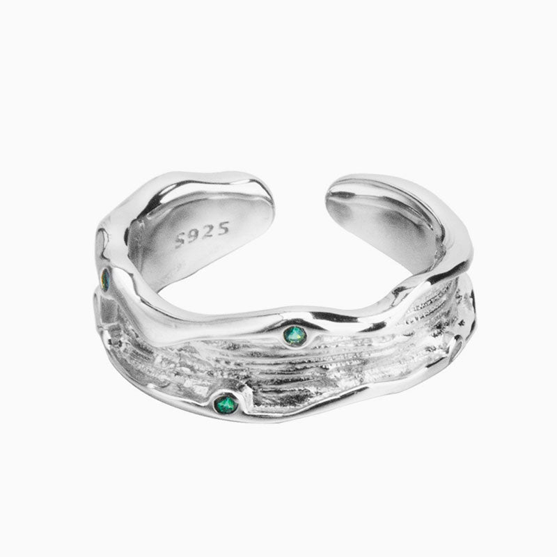 Sterling Silver Textured Wave Ring with Green Gemstones