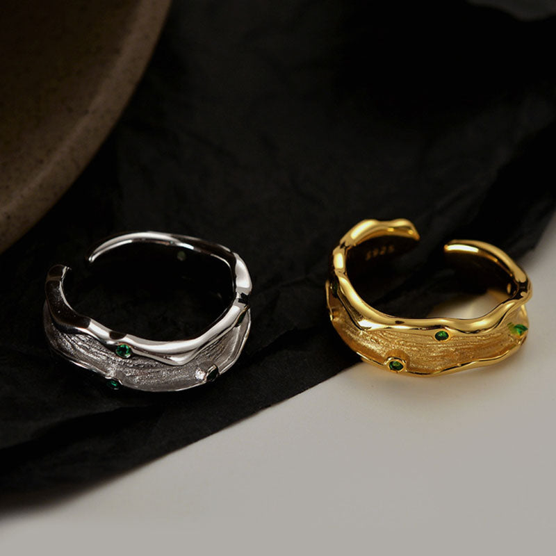 Sterling Silver Textured Wave Ring with Green Gemstones