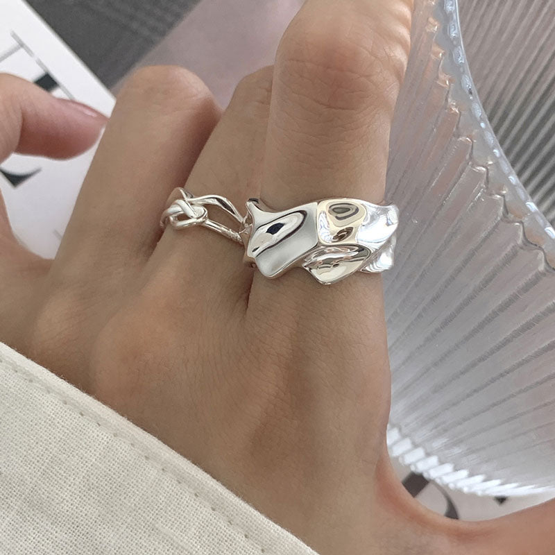 925 Sterling Silver Irregular Pleated Wide Band Ring